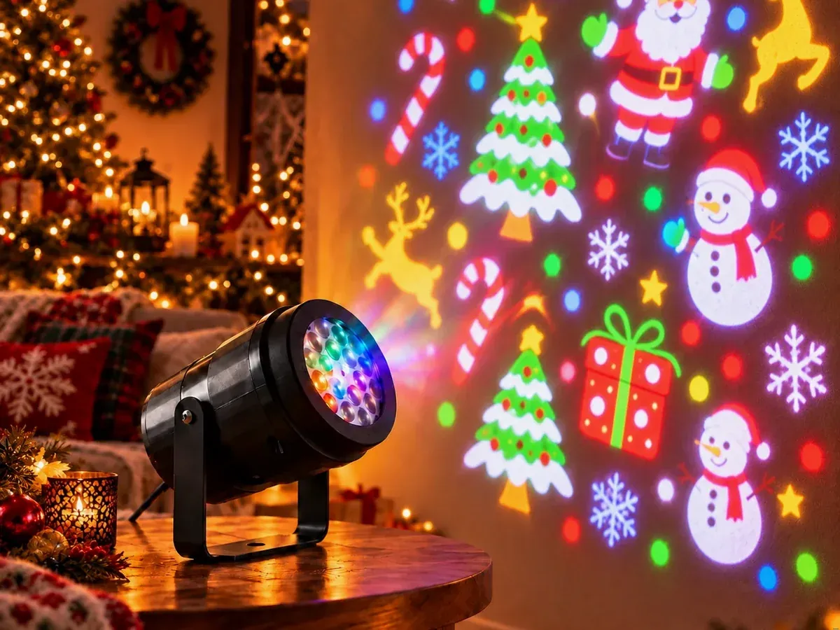 Holiday Prism projector casting Christmas Santa, tree, and snowman graphics on a wall