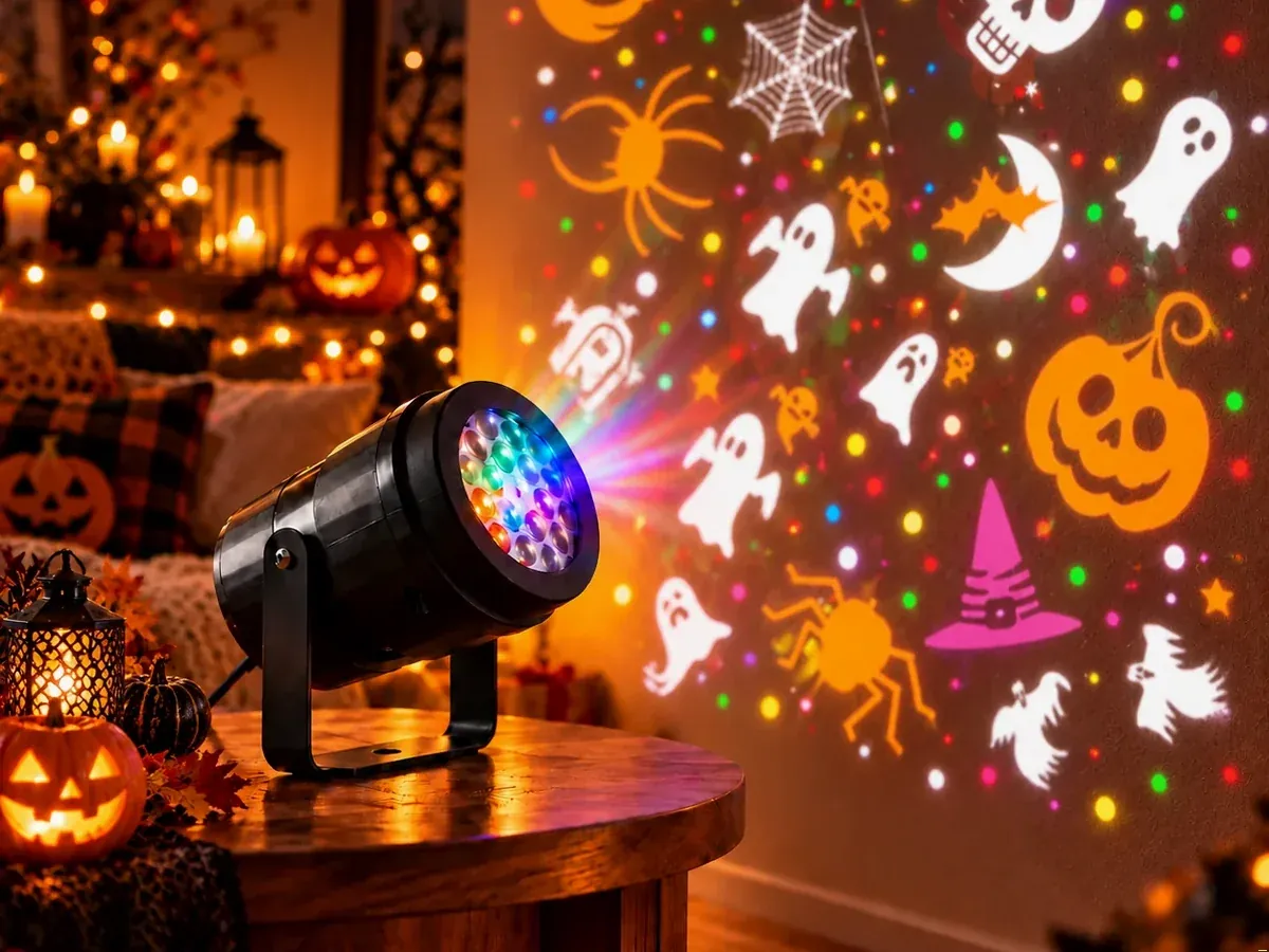 Holiday Prism projector on a wooden table projecting Halloween pumpkins and skulls